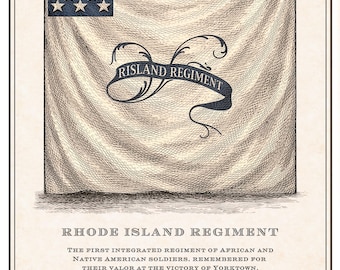 Print met vlag van Rhode Island Regiment | Revolutionaire oorlogsvlagkunst | 18e-eeuwse gravure | Historisch wanddecor