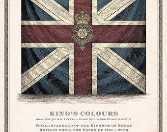King’s Colours Flag Print | British Royal Standard | Revolutionary War Flag Art | 18th Century Copperplate Engraving | Historical Wall Art