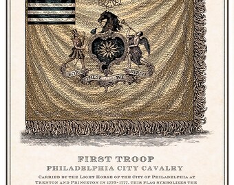 Eerste troep Philadelphia stad cavalerie vlag print | Revolutionaire oorlogsvlagkunst | 18e-eeuwse kopergravure | Historische muurkunst