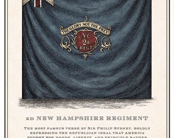 Vlagafdruk van het 2e New Hampshire Regiment | Revolutionaire oorlogsvlagkunst | 18e-eeuwse kopergravure | Historische muurkunst