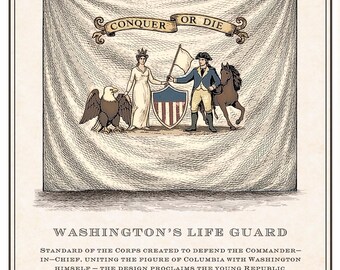 Vlagafdruk Washington's Life Guard | Revolutionaire oorlogsvlagkunst | 18e-eeuwse kopergravure | Historisch beeld