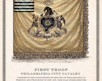 First Troop Philadelphia City Cavalry Flag Print | Revolutionary War Flag Art | 18th Century Copperplate Engraving | Historical Wall Art
