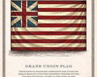 Grand Union Flag Print | Revolutionary War Flag Art | 18th Century Engraving | Historical Wall Decor