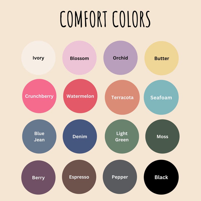 May include: A color palette titled "Comfort Colors" featuring 16 different colors in circular swatches. Colors include Ivory, Blossom, Orchid, Butter, Crunchberry, Watermelon, Terracotta, Seafoam, Blue Jean, Denim, Light Green, Moss, Berry, Espresso, Pepper, and Black.