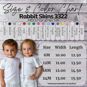 May include: Two toddlers wearing white t-shirts, with a size and color chart for Rabbit Skins 3322 Infant Fine Jersey Tee. The chart includes colors like white, black, and pink, and measurements in inches.