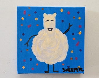 Sheep Painting Colorful Blue Acrylic Handmade Cartoon