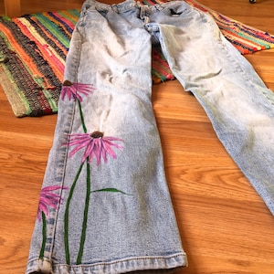 Hand painted echinacea straight leg jeans