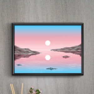 May include: A framed print of a digital painting depicting a pink and blue sunset over a calm body of water. The sun is reflected in the water, and there are small islands in the distance.