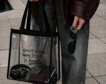 Money Is Fake Clear Tote Bag | Transparent Concert Festival Event Purse Accessory Stadium Venue Together Tour HSLOT Kissco Harry Styles