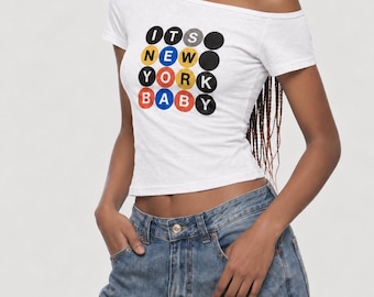 NY Baby Graphic Slim | Womens Off Shoulder T-Shirt Concert Tour Fan Outfit Gift NYC New York Retro Kissco Harry Styles Viral Trendy 90s Y2K