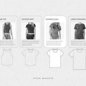 Puede incluir: Una tabla comparativa que muestra cuatro estilos de camisetas: una camiseta sin mangas, una camiseta corta, una camiseta ajustada y una camiseta unisex est&aacute;ndar. Cada secci&oacute;n incluye una fotograf&iacute;a y un dibujo lineal con descripciones.