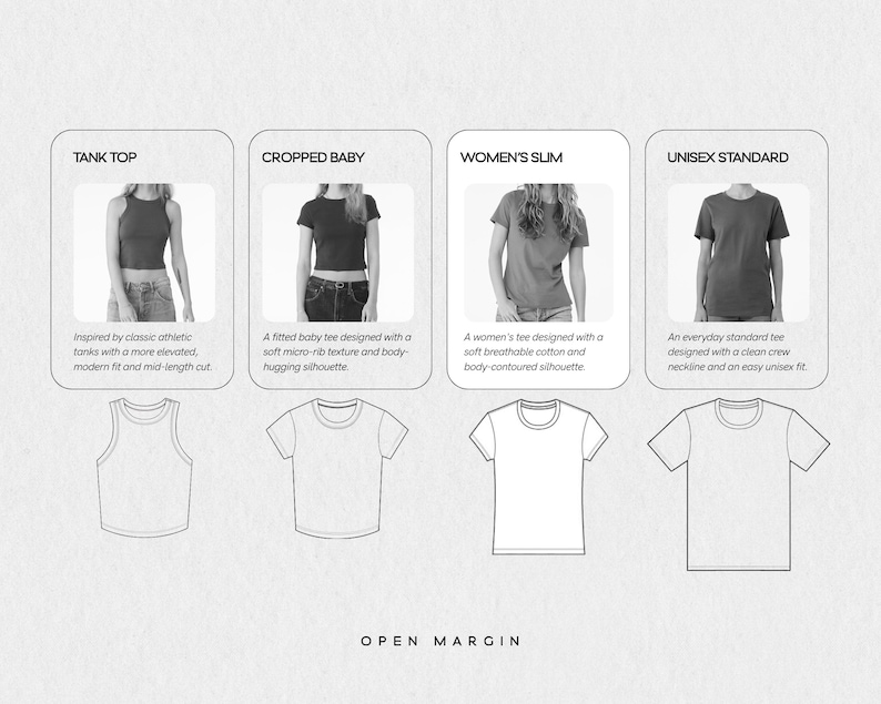 Puede incluir: Una tabla comparativa que muestra cuatro estilos de camisetas: una camiseta sin mangas, una camiseta corta, una camiseta ajustada y una camiseta unisex est&aacute;ndar. Cada secci&oacute;n incluye una fotograf&iacute;a y un dibujo lineal con descripciones.