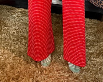 Vintage 1970s Bell Bottoms flares High Waist Wide Leg RED PANTS Swiss dot bolan bowie rock chic groupie rock star concert elastic waist LUXE