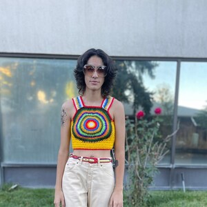 Vintage 1970s psychedelic circle crazy colors hippie sweater vest Lucy in the sky rainbow crazy day glo sweater pullover image 1