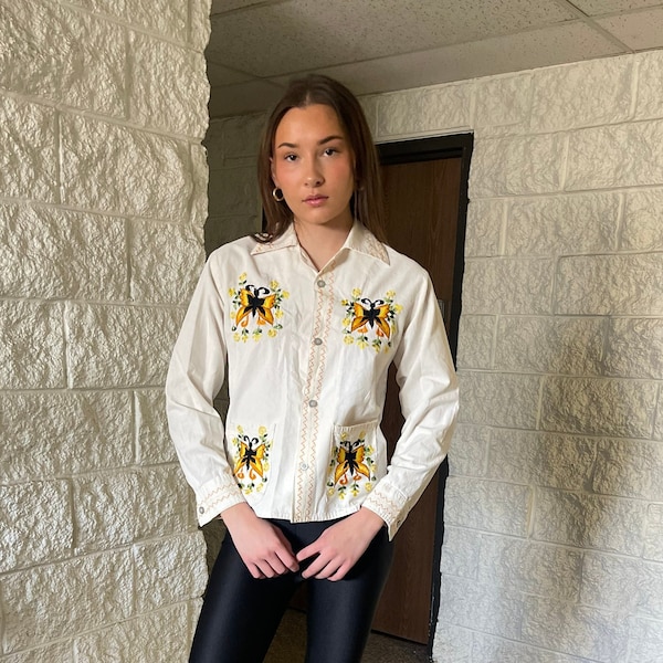 Vintage 1970s embroidered hippie shirt distressed butterfly artsy work shirt big pockets boho chic flower child UNIQUE blouse Made in Mexico