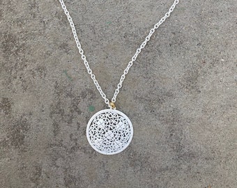 Vintage 1970s enamel painted white medallion modernist necklace pendant floral design swirls psychedelic white MCM
