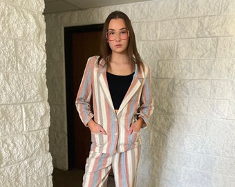 Vintage 1980s suit comfy striped international traveler suit cropped pant suit blazer pants RARE interesting stranger thingslounge suit