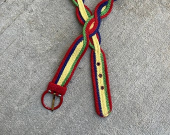 Vintage 1970s GLAM ROCK multi color wide woven belt hot colors red yellow green purple artisan chic circle buckle roller rink