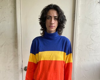 Vintage 1980s tee t-shirt rainbow turtleneck color block shirt blouse T SHIRT single stitch paper thin JCREW vintage