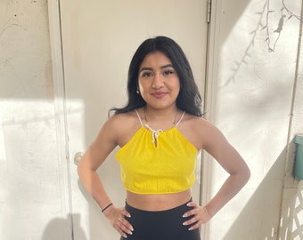 Vintage 1970s RARE halter yellow cropped tank top unusual unique chic avant garde sexy top BEAUTIFUL bralette