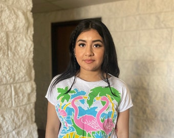 Vintage 1980s crazy unique colorful tropical palm and flamingos print tee graphic cool tshirt top water island top