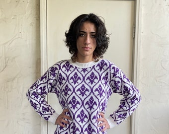 Vintage 1980s sweater geometric wallpaper grid nerd print vivid jumper pullover UNISEX comfy artsy graphic design purple ornate top