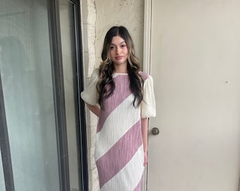 Vintage 1980s Striped Pleat Midi Dress with Puff Sleeves