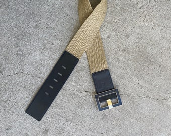 Vintage 1980s belt wide beaded cinch waist belt boho unique Anne Klein Black and Tan chic stretchy belt