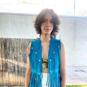 Vintage 1960s hot blue suede fringe studded vest HIPPIE bright blue coolest fringe boho vest CHIC Beatles summer of love handmade image 2