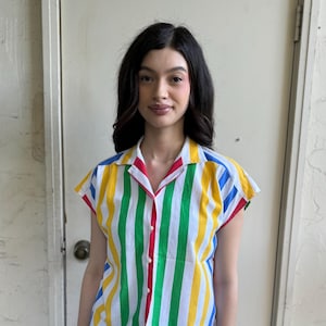 Vintage 1980s primary colors blouse striped coolest short sleeve shirt