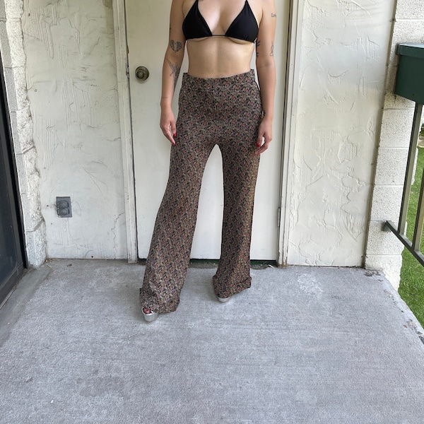 Vintage 1970s elephant bell bottoms super high rise elastic multicolor flares super bells disco gold threaded chic studio 54 pants