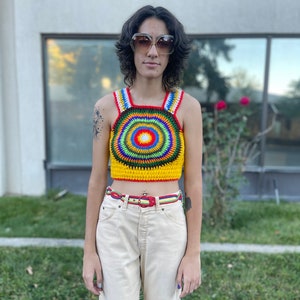 Vintage 1970s psychedelic circle crazy colors hippie sweater vest Lucy in the sky rainbow crazy day glo sweater pullover image 6