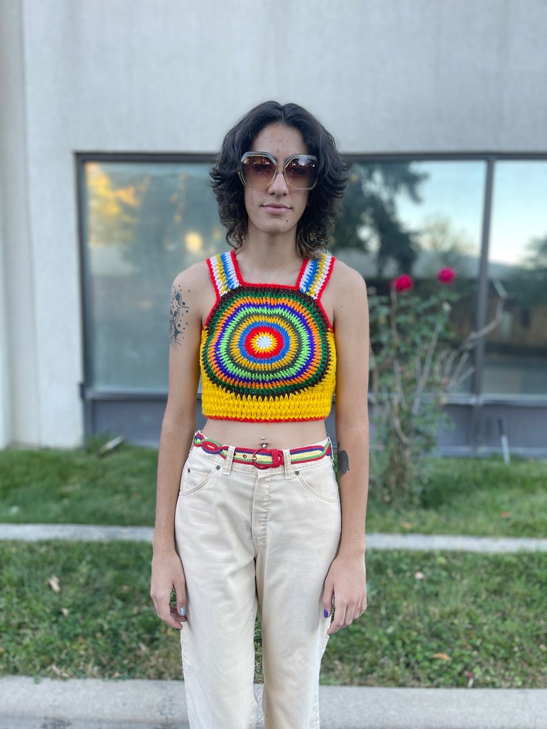 Vintage 1970s psychedelic circle crazy colors hippie sweater vest Lucy in the sky rainbow crazy day glo sweater pullover image 6