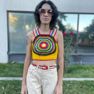 Vintage 1970s psychedelic circle crazy colors hippie sweater vest Lucy in the sky rainbow crazy day glo sweater pullover image 4