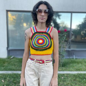 Vintage 1970s psychedelic circle crazy colors hippie sweater vest Lucy in the sky rainbow crazy day glo sweater pullover image 5