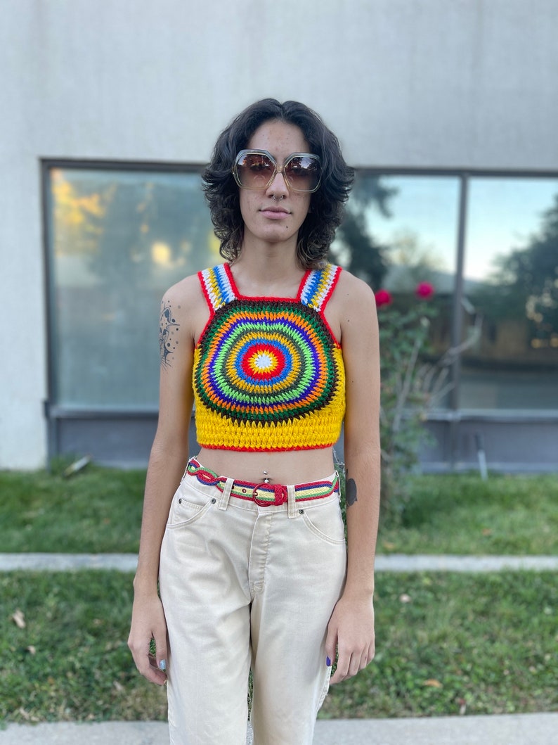 Vintage 1970s psychedelic circle crazy colors hippie sweater vest Lucy in the sky rainbow crazy day glo sweater pullover image 5