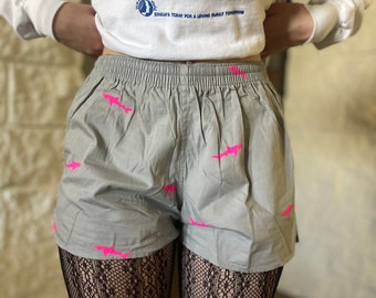 Vintage 1980s shorts RARE Maui and Sons shark shorts hot NEON pink sharks light grey big pocket patch