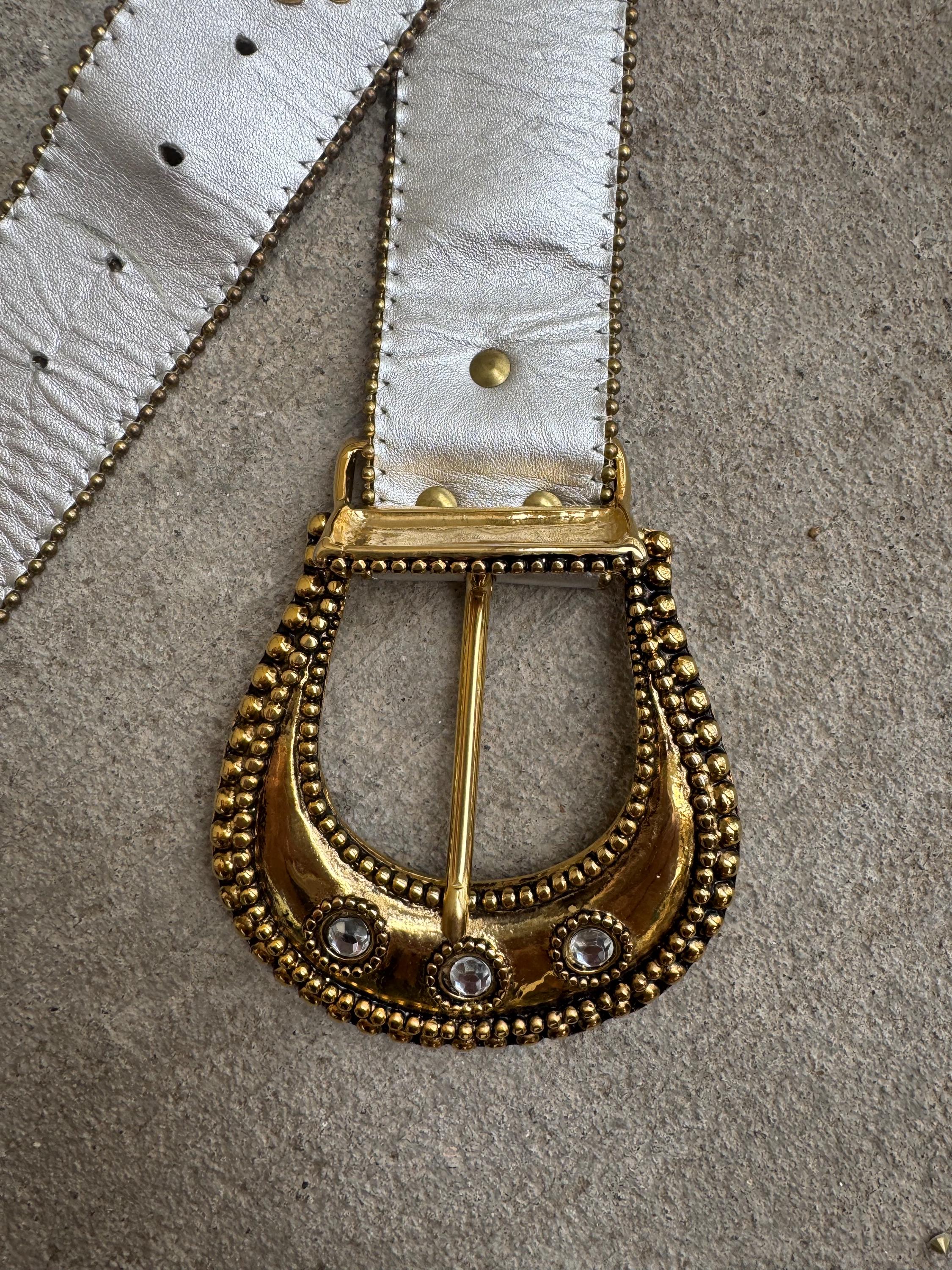 Vintage Silver Leather Belt With Jeweled Buckle Vintage Jeweled Metallic Silver Leather Belt With Studs  main image 3