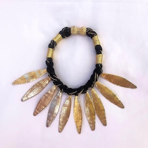 Vintage 1980s GOLD tone pretty Egyptian revival statement fringe necklace DISCO LOVE Leaves cool rare huge