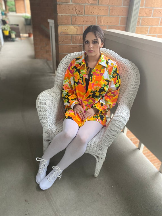 1970s puff sleeve crazy floral print orange pink g