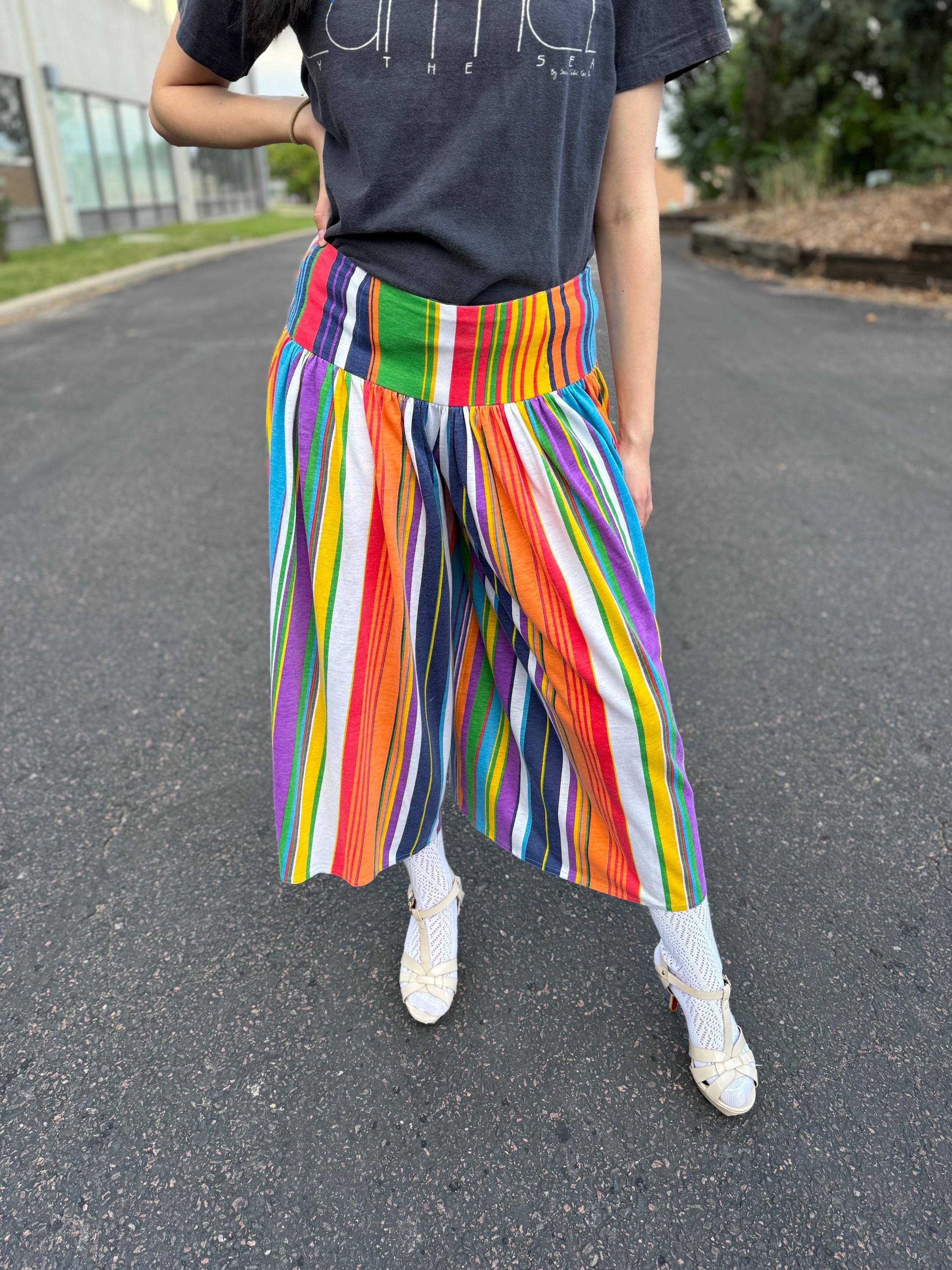 Vintage 1970s Crazy Culottes Rainbow Colors Striped Cropped