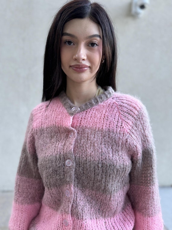 Vintage 1960s Mohair Sweater Fuzzy Pink and Brown Striped Grandpa 