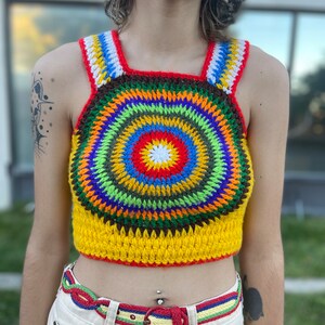 Vintage 1970s psychedelic circle crazy colors hippie sweater vest Lucy in the sky rainbow crazy day glo sweater pullover image 3