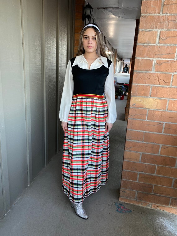 Vintage 1970s plaid two tone maxi dress big dagger