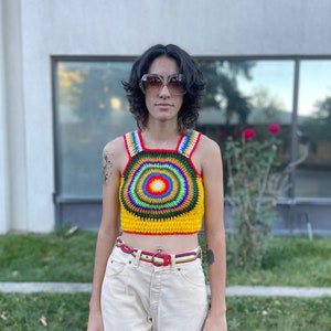 Vintage 1970s psychedelic circle crazy colors hippie sweater vest Lucy in the sky rainbow crazy day glo sweater pullover image 8