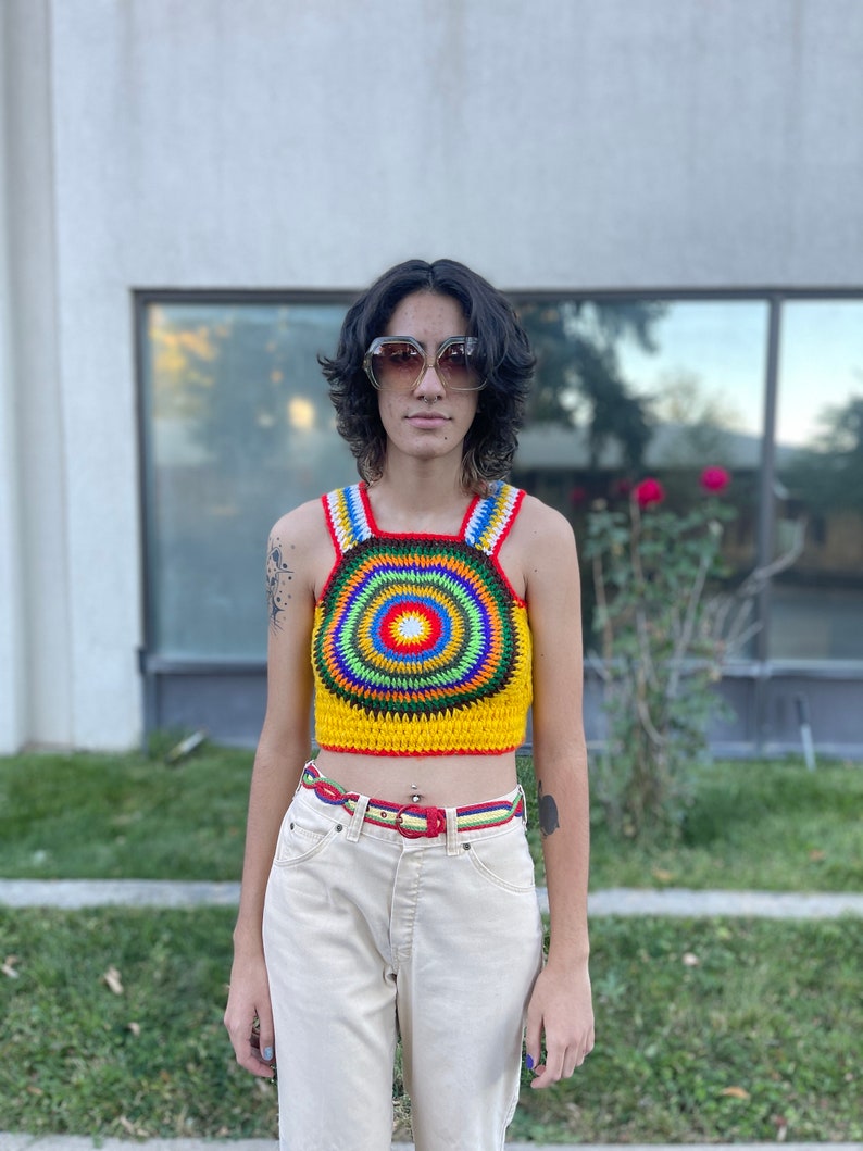 Vintage 1970s psychedelic circle crazy colors hippie sweater vest Lucy in the sky rainbow crazy day glo sweater pullover image 8