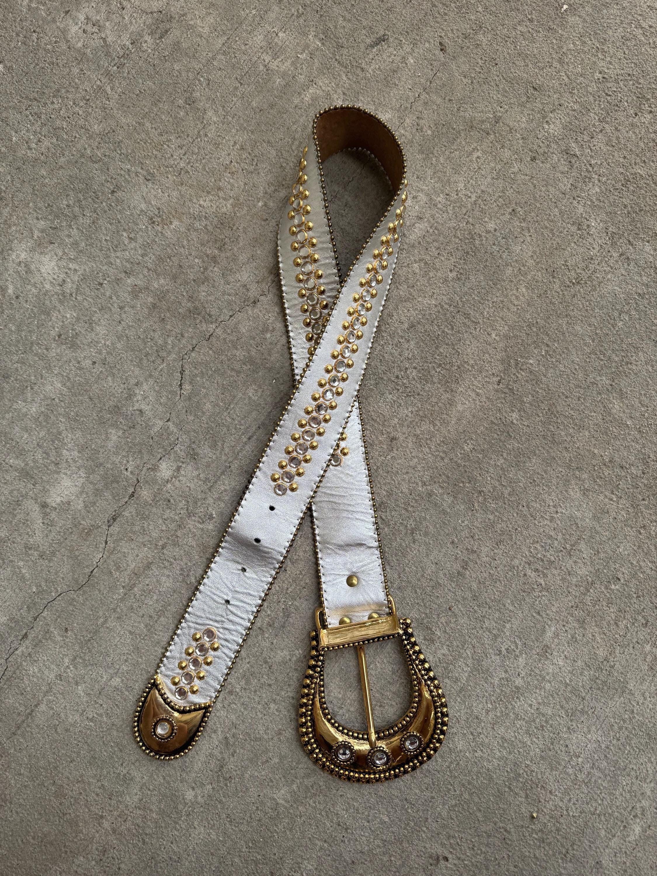 Vintage 1980s Silver Leather Rhinestone Belt, Gold Buckle - Etsy display picture 2