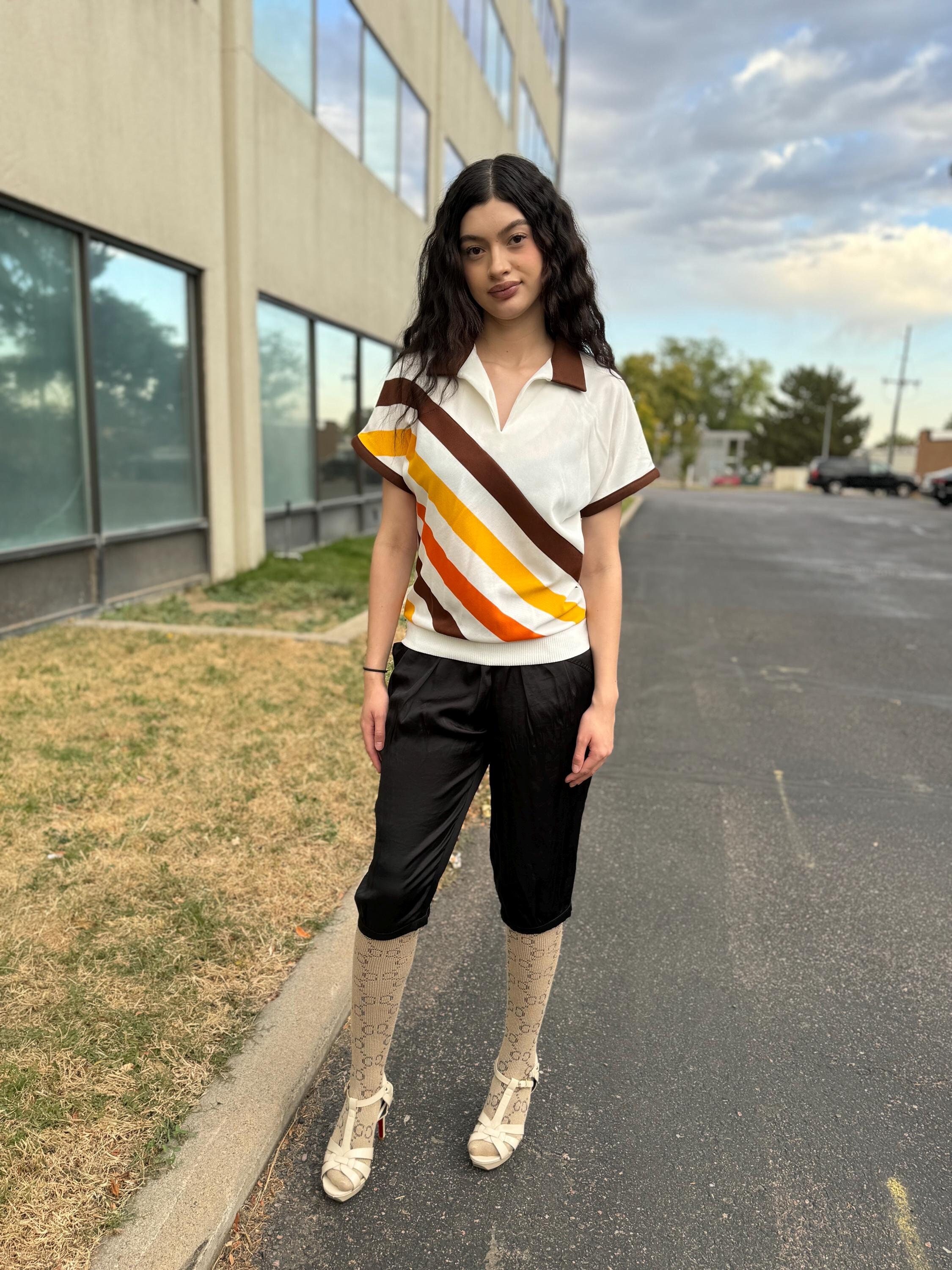 Vintage 1970s cool top diagonal stripes brown yellow orange jersey shirt poly pullover