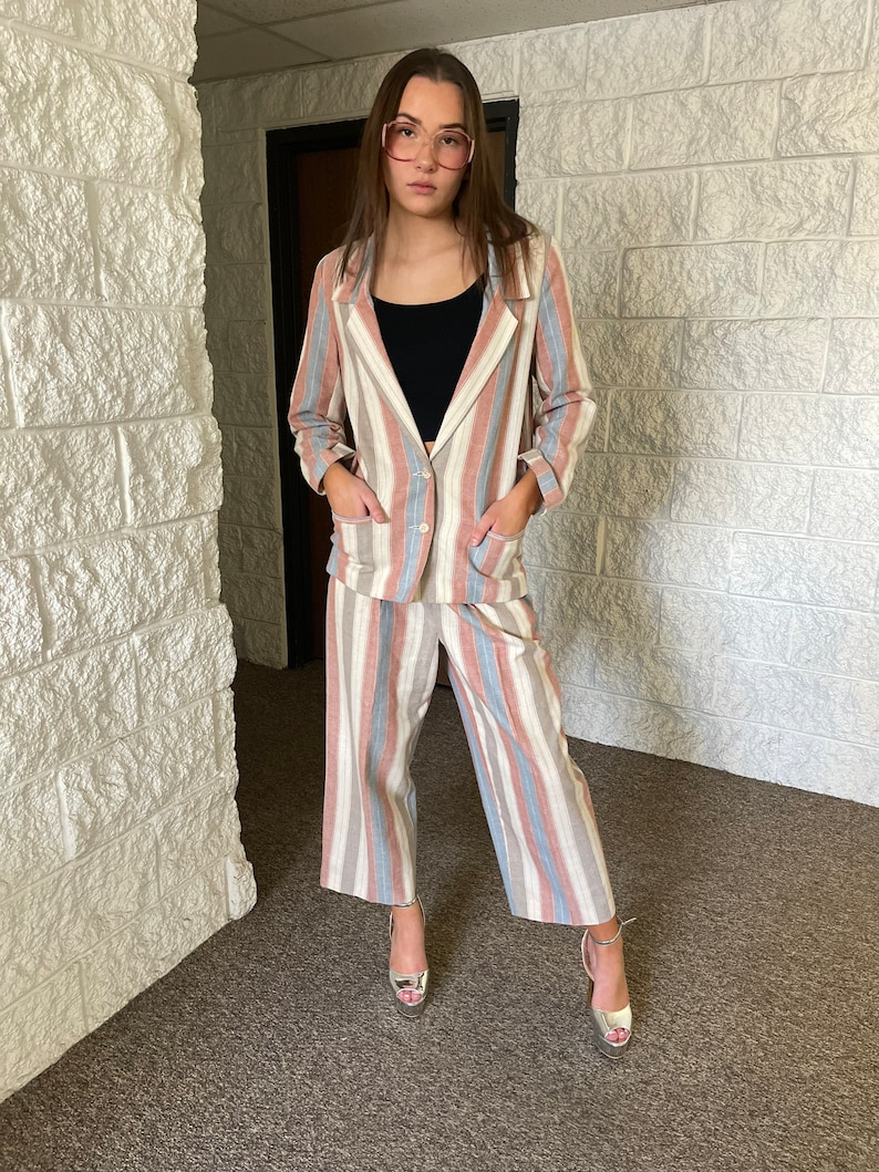 Vintage 1980s suit comfy striped international traveler suit cropped pant suit blazer pants RARE interesting stranger thingslounge suit image 2