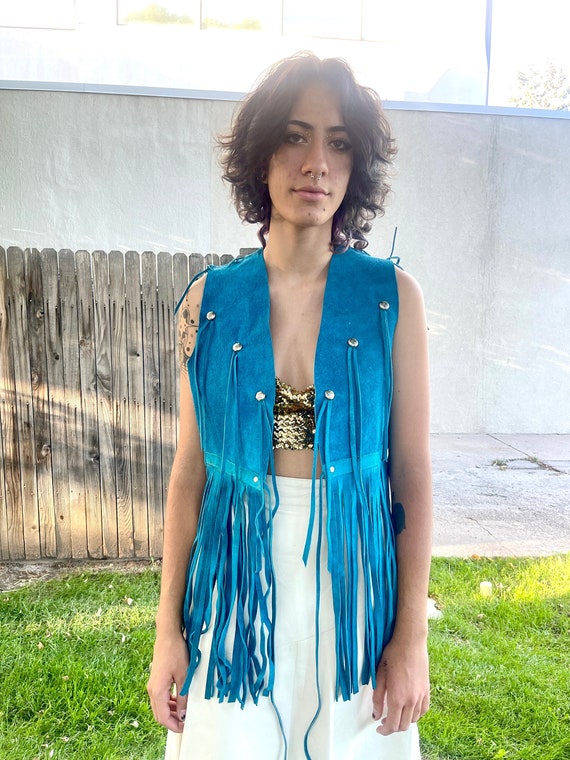 Vintage 1960s hot blue suede fringe studded vest … - image 2